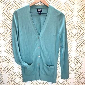 Lands' End Long Cardigan Size M V-Neck Button Front Cotton Blend Knit Spring
